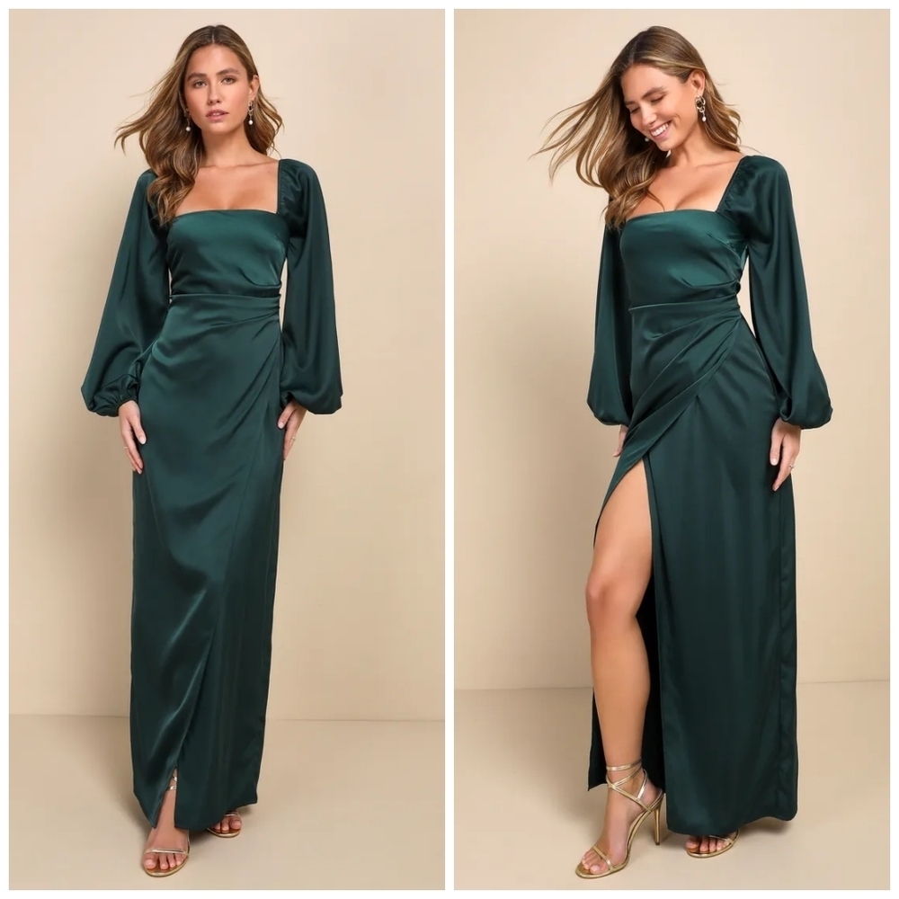 Lulu's Eternal Heart Emerald Green Satin Long Sleeve Maxi Dress